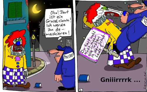 Cartoon: Grusel (medium) by Leichnam tagged grusel,gruselclown,horrorclown,trend,halloween,2016,polizei,polizist,damaskierung,maske,verkleidung,echt,tröten,nacht,mond,sterne,schublade,schild,empört