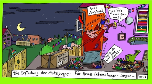 Cartoon: Heinz (medium) by Leichnam tagged einmal,noch,aua,lebenslang,segen,erfindung,böse,schlagen,motzpuppe,heinz