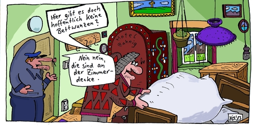 Cartoon: Hotelzimmer (medium) by Leichnam tagged zimmerdecke,page,bespitzeln,abhören,unsauber,sorge,wanzen,bett,übernachtung,hotelzimmer