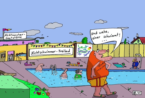 Cartoon: Im Bade (medium) by Leichnam tagged im,bade,bademeister,freibad,schwimmen,wasser,urlaub,sonne,nichtschwimmer,nichtraucher,geststätte,wehe,plantschen