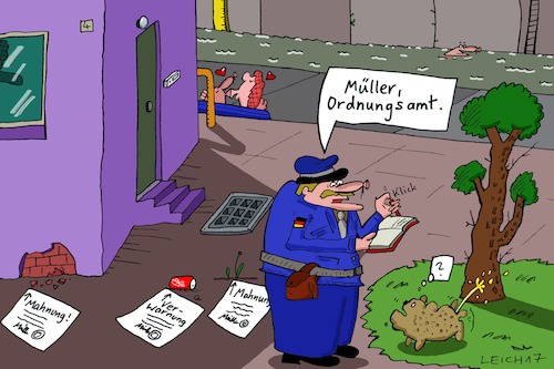 Cartoon: im Dienst (medium) by Leichnam tagged im,dienst,müller,ordnungsamt,hund,urinieren,knutschen,beamter,mahnung,verwarnung,notizbuch