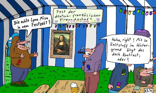 Cartoon: Im Festzelt (medium) by Leichnam tagged gemälde,bierzelt,leichnam,feierlichkeit,kontrast,hintergrund,zeltstoff,misa,lona,lisa,mona,französisch,deutsch,festzelt