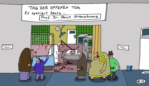 Cartoon: Klinikum (medium) by Leichnam tagged klinikum,tag,der,offenen,tür,operation,arzt,innereien,besucher,zuschauer,professor,doktor