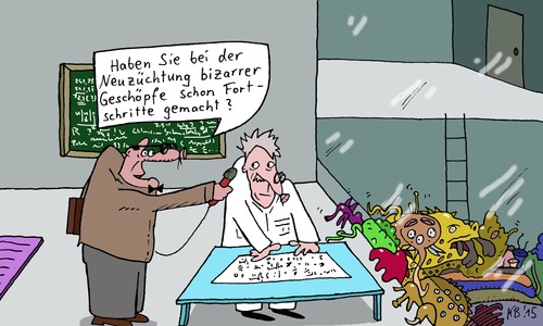 Cartoon: Labor (medium) by Leichnam tagged labor,neuzüchtung,reporter,frage,fortschritte,geschöpfe,kreaturen,künstlich,wissenschaft,verrückt,sinnfrei