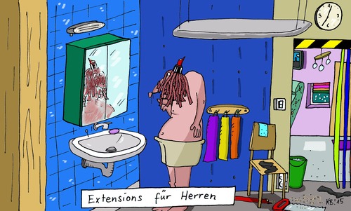 Cartoon: Neu! (medium) by Leichnam tagged neu,extensions,für,herren,mode,trend,badezimmer,haarverlängerung