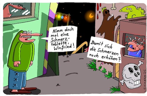 Cartoon: Nimm! (medium) by Leichnam tagged nimm,schmerzen,schmerztablette,leichnamcartoon,erhöhung,qualen,winfried