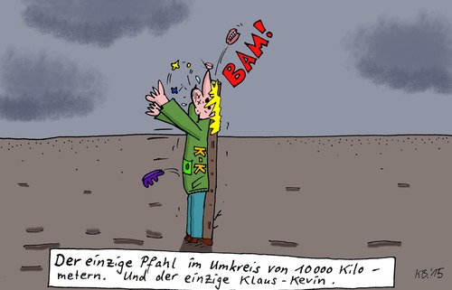 Cartoon: Ödland (medium) by Leichnam tagged unvorsichtig,unaufmerksam,zusammenprall,bam,kevin,klaus,ebene,einzig,pfahl,ödland