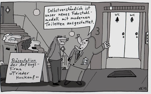 Cartoon: Präsentation (medium) by Leichnam tagged präsentation,aufzug,fahrstuhl,hochhaus,wc,toiletten,frieder,huckauf