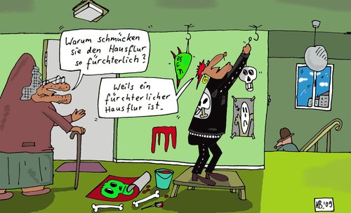 Cartoon: Relativität (medium) by Leichnam tagged relativität,relativ,hausflur,oma,punk,schmuck,fürchterlich