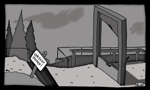 Cartoon: Richtplatz (medium) by Leichnam tagged guillotine,richtplatz,fallbeil,schneide,todesurteil,köpfen,vorsicht,stufen