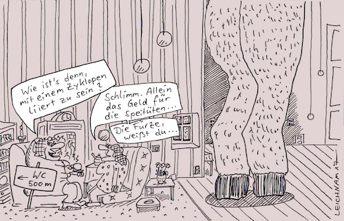 Cartoon: schlimm (medium) by Leichnam tagged schlimm,riese,zyklop,titan,wohnung,riesig,geld,fürze,gestank,kotztüten,speitüten,leichnam,leichnamcartoon