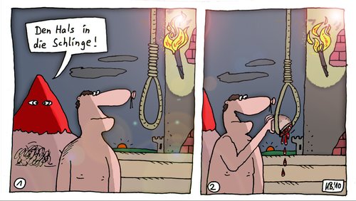 Cartoon: Schlinge (medium) by Leichnam tagged schlinge,hängen,mittelalter,morgengrauen,tod,hinrichtung,galgen