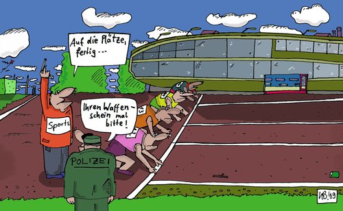 Cartoon: Sports (medium) by Leichnam tagged waffenschein,polizei,wettkampf,läufer,startschuss