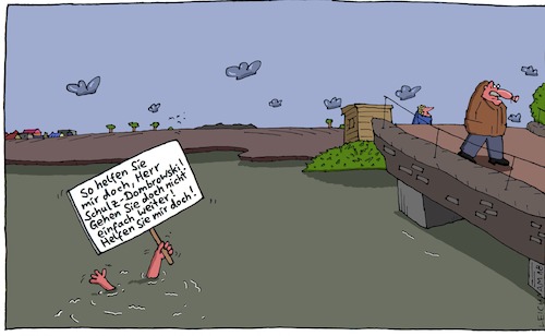 Cartoon: Tja ... (medium) by Leichnam tagged tja,ertrinken,ersaufen,see,teich,tümpel,hilfe,schild,bitte,schulz,dombrowski,brücke,leichnam,leichnamcartoon