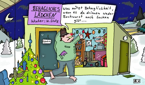 Cartoon: U. Stotz (medium) by Leichnam tagged stotz,behaglichkeit,weihnacht,bockwurst,socken,laden,lädchen,inhaber,nutzen,verkauf,winter,leichnam