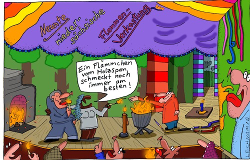 Cartoon: Vorführung (medium) by Leichnam tagged vorführung,verkostung,feuer,flammen,kerzen,kamin,schweißbrenner,schneidbrenner,holzspan,niedersachsen,neun,leichnam,leichnamcartoon