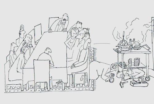 Cartoon: Zu Tisch (medium) by Leichnam tagged henry,büttner,tisch,wartezeit,gäste,gastgeber,reparatur,serviertisch,kaputt,rad,geduld