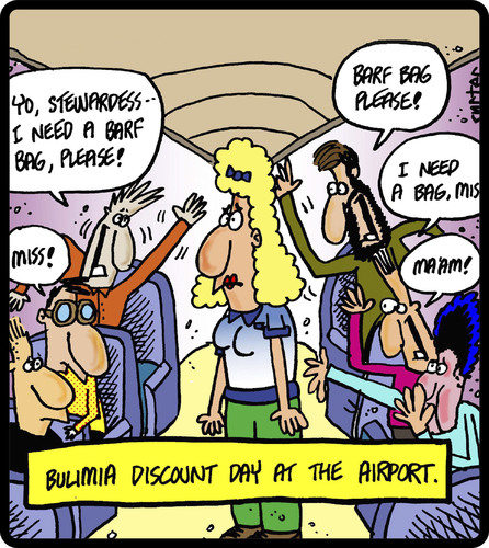 Cartoon: Bulimia Discount Day (medium) by cartertoons tagged airplanes,travel,airport,travelers,passengers,flight,attendant,bulimia,barf,bag,customer,service,airplanes,travel,airport,travelers,passengers,flight,attendant,bulimia,barf,bag,customer,service