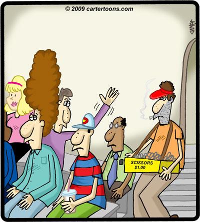 Cartoon: Scissors vendor (medium) by cartertoons tagged spectators,hair,haircut,scissors,obstruction,sports,game