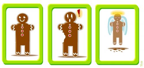 Cartoon: Life of a Gingerbread Man (medium) by Fubuki tagged eat,food,christmas,cookie,dead,death,angel,gingerbread,sweets,three,bakery,xmas