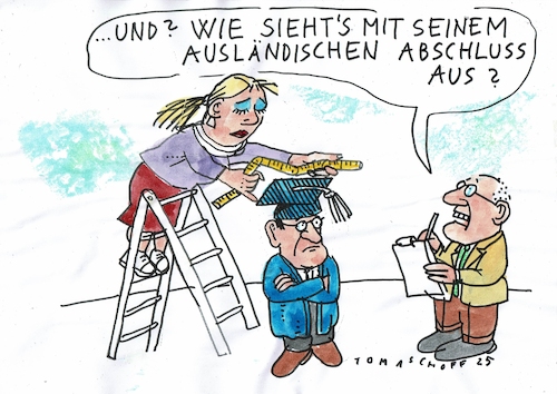 Cartoon: Abschluss (medium) by Jan Tomaschoff tagged migration,fachkräfte,ausbildung,abschlüsse,migration,fachkräfte,ausbildung,abschlüsse