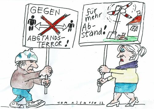 Cartoon: Abstand (medium) by Jan Tomaschoff tagged querdenker,pandemie,windkraft,querdenker,pandemie,windkraft