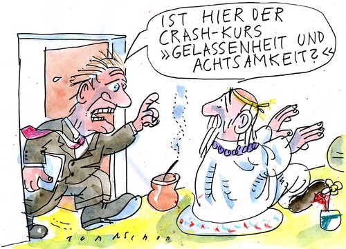 Cartoon: Achtsamkeit (medium) by Jan Tomaschoff tagged achtsamkeit,gelassenheit,job,arbeit,kurs,erholung,stress,achtsamkeit,gelassenheit,stress,arbeit,erholung