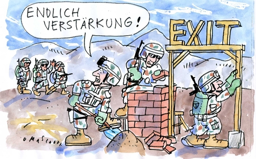 Cartoon: Afghanistan (medium) by Jan Tomaschoff tagged afghanistaneinsatz,obama,usa,truppenaufstockung,exit,bundeswehr,soldaten,kollateralschaden