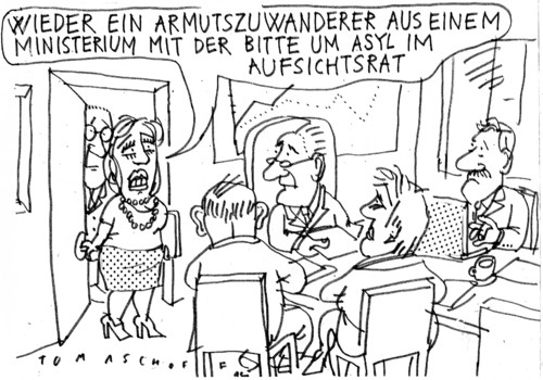 Cartoon: Armutsflüchtling im Aufsichtsra (medium) by Jan Tomaschoff tagged interessenkonflikte,lobby,interessenkonflikte,lobby