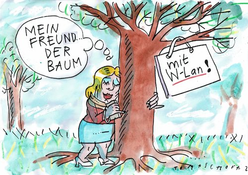 Cartoon: Baum (medium) by Jan Tomaschoff tagged natur,technik,bequemlichkeit,wlan,natur,technik,bequemlichkeit,wlan