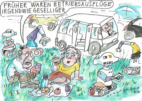 Cartoon: Betriebsausflug (medium) by Jan Tomaschoff tagged roboter,automatisierung,arbeitswelt,roboter,automatisierung,arbeitswelt