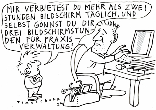 Cartoon: Bildschirmzeit (medium) by Jan Tomaschoff tagged arzt,bürokratie,bildschirmzeit,erziehung,arzt,bürokratie,bildschirmzeit,erziehung