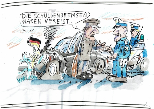 Cartoon: Bremsen (medium) by Jan Tomaschoff tagged schulden,bremse,finanzen,schulden,bremse,finanzen