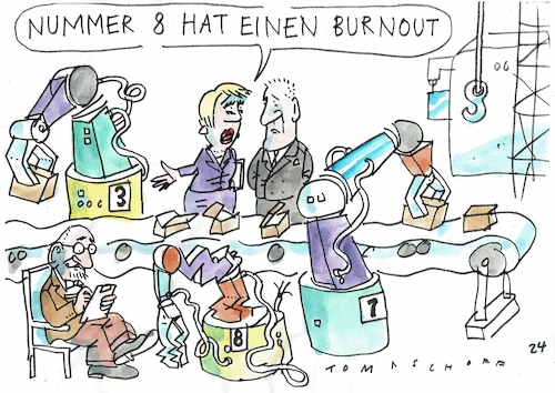 Cartoon: burnout (medium) by Jan Tomaschoff tagged roboter,arbeit,stress,fließband,roboter,arbeit,stress,fließband