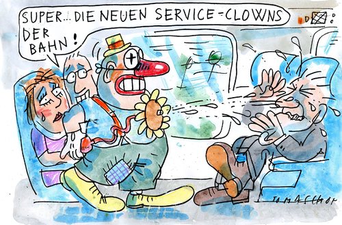 Cartoon: db clown (medium) by Jan Tomaschoff tagged db,deutsche,bahn,zug,fahrgast,unterhaltung,spaß,db,deutsche bahn,unterhaltung,fahrgast,spaß,clown,service,deutsche,bahn