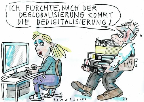 Cartoon: Dedigitalisierung (medium) by Jan Tomaschoff tagged globalisierung,protektionismus,digitalisierung,globalisierung,protektionismus,digitalisierung
