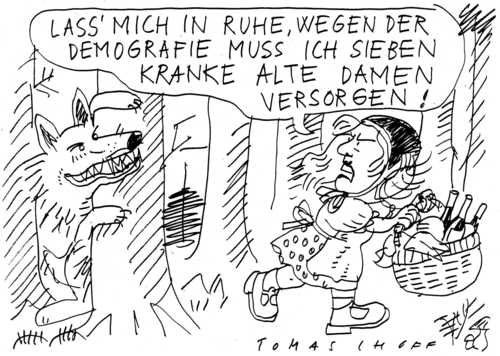 Cartoon: demofrafie (medium) by Jan Tomaschoff tagged demografie,rotkäppchen,wolf,alter,alt,senioren,rentner,nachwuchs,demografie,rotkäppchen,wolf,alter,alt,senioren,rentner,nachwuchs