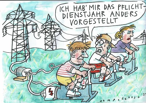 Cartoon: Dienstjahr (medium) by Jan Tomaschoff tagged dienst,pflicht,energie,strom,dienst,pflicht,energie,strom