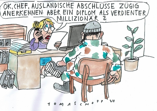 Cartoon: Diplom (medium) by Jan Tomaschoff tagged migration,berufsabschlüsse,miliz,terrorgefahr,migration,berufsabschlüsse,miliz,terrorgefahr