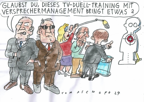Cartoon: Duell (medium) by Jan Tomaschoff tagged scholz,merz,tv,duell,wahlen,scholz,merz,tv,duell,wahlen