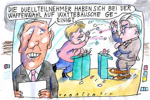 Cartoon: Duell (medium) by Jan Tomaschoff tagged duell,tv,merkel,steinmeier,waffen,wahlen,spd,cdu,angela merkel,frank walter steinmeier,duell,tv,große koalition,cdu,spd,2009,bundestagswahl,wahl,wahlen,angela,merkel,frank,walter,steinmeier,große,koalition