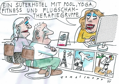 Cartoon: Flugscham (medium) by Jan Tomaschoff tagged flugsacham,reisen,luxus,flugsacham,reisen,luxus