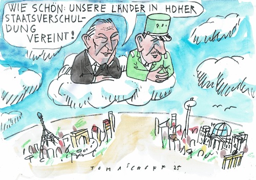 Cartoon: Freunde (medium) by Jan Tomaschoff tagged deutschland,frankreich,de,gaulle,adenauer,staatsschulden,deutschland,frankreich,de,gaulle,adenauer,staatsschulden