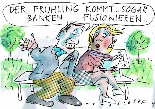 Cartoon: Fusionen (medium) by Jan Tomaschoff tagged banken,fusionen,liebe,vereinigung,flirt,banken,fusionen,liebe,vereinigung,flirt