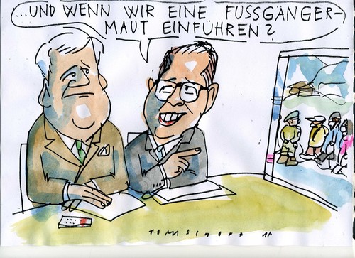 Cartoon: Fussgängermaut (medium) by Jan Tomaschoff tagged migration,maut,bayern,migration,maut,bayern