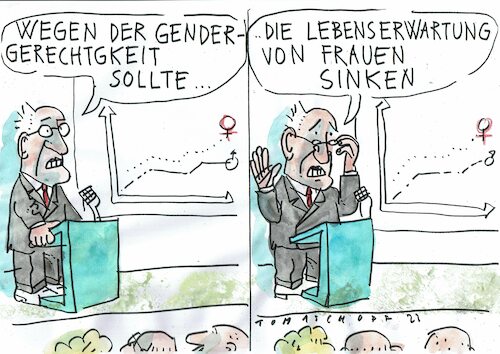 Cartoon: Gender (medium) by Jan Tomaschoff tagged lebenserwartung,gesundheit,männer,frauen,lebenserwartung,gesundheit,männer,frauen