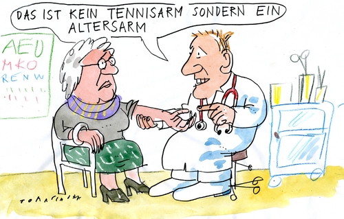 Cartoon: Gesundheit (medium) by Jan Tomaschoff tagged gesundheitsreform,gesundheitsreform,gesundheit,reform,tennisarm,sport,patient,praxis,arzt,ärzte,krankheit