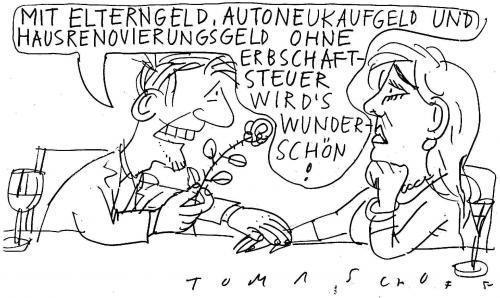 Cartoon: Gute Aussichten (medium) by Jan Tomaschoff tagged elterngeld,erbschaftssteuer,autoprämien,renovierungsgeld