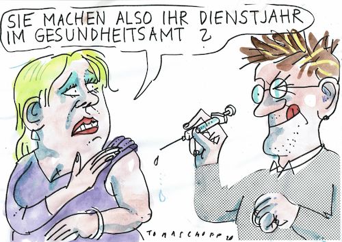 Cartoon: Impfung (medium) by Jan Tomaschoff tagged corona,impfung,dienst,gesundheitsamt,corona,impfung,dienst,gesundheitsamt