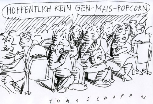 Cartoon: Kino (medium) by Jan Tomaschoff tagged genmais,genmais,genetik,mais,gemüse,lebensmittel,handel,verkauf,biologie,chemie,popcorn,essen